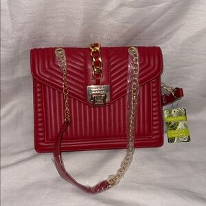 Badgley Mischka Vegan Leather Red Quilted Shoulder Bag